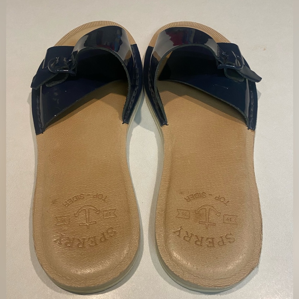 SPERRY TOP SIDER SEAPORT SLIDE SANDAL DARK BLUE PATENT LEATHER WOMENS SZ 10 - Picture 9 of 13